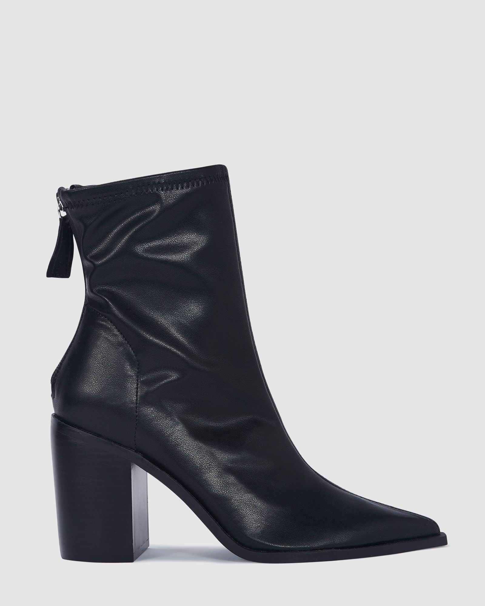 Kitka Black Block Heel Point Toe Sock Ankle Boot